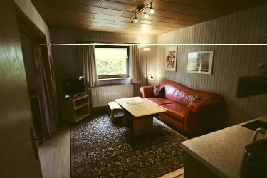 Ein gemütliches Wohnzimmer mit einem roten Sofa, einem Tisch und einem Fernseher. Durch das Fenster fällt Licht und man sieht eine grüne Aussicht.