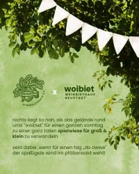 Eine entspannte Veranstaltung im Freien mit bunten Fähnchen und viel Grün. Es wird eine Spielwiese für Groß und Klein angeboten.