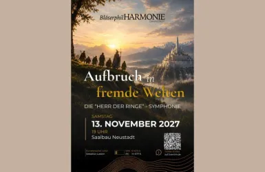 Ein Poster für ein Konzert der Bläserphilharmonie mit dem Titel "Aufbruch in fremde Welten". Es wird eine Symphonie zum Thema "Der Herr der Ringe" am 13. November 2027 im Saalbau Neustadt angeboten.