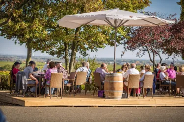 Eine Gruppe von Menschen sitzt unter einem großen Sonnenschirm auf einer Terrasse. Im Hintergrund sind Bäume und eine weite Landschaft zu sehen.