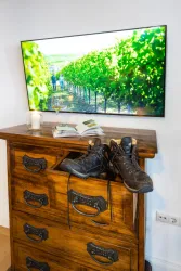 Eine rustikale Kommode mit Wanderschuhen und einem Buch. Im Hintergrund ist ein Fernseher zu sehen, der ein Bild von Weinbergen zeigt.