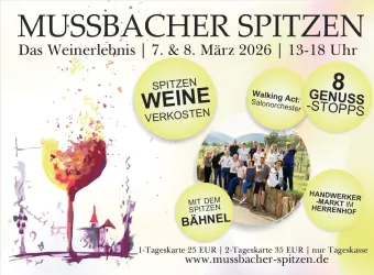Ein Werbeplakat für die Veranstaltung "Mussbacher Spitzen". Es zeigt Informationen über Weinverkostungen, Genussstopps und kulturelle Aktivitäten.