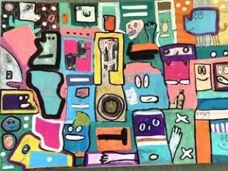Ein buntes und kreatives Kunstwerk mit verschiedenen Formen und Gesichtern. Die Farben sind lebhaft und die Komposition ist abwechslungsreich.