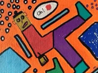 Eine bunte, abstrakte Zeichnung mit einer stilisierten Figur auf orangefarbenem Hintergrund. Die Figur zeigt Emotionen und ist von geometrischen Formen umgeben.