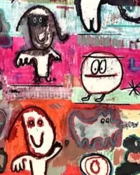 Eine bunte Collage mit verschiedenen einfachen, cartoonartigen Figuren. Die Bilder sind spielerisch und fröhlich gestaltet.