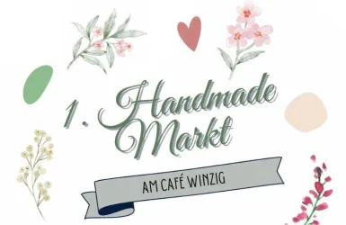 Ein Design für einen Handmade Markt am Café Winzig. Es zeigt florale Elemente und eine einladende Schrift.