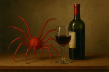 Ein roter Krebs steht neben einem Glas Rotwein und einer Weinflasche auf einem Holzregal. Die Szene hat eine warme Farbgebung und wirkt stilisiert.