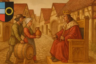 Eine historische Szene mit einem König auf einem Thron, der von einem Mann und einer Frau besucht wird. Die Frau hält einen Krug, während der Mann einen Fass daneben hat.