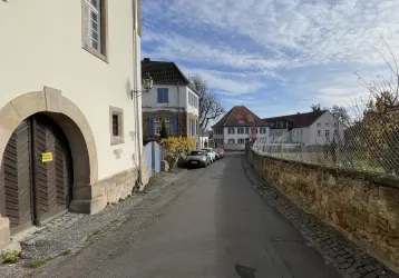 Eine ruhige Straße mit historischen Gebäuden und einem klaren Himmel. Am Rand stehen einige geparkte Autos und Bäume sind sichtbar.