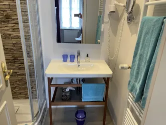 Ein modernes Badezimmer mit einem Waschbecken auf einem Holzgestell und einer Dusche. Handtücher in Blau und eine stilvolle Wandverkleidung aus Stein sind sichtbar.