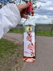 Eine Flasche Roséwein mit einem blühenden Blumenmotiv auf dem Etikett. Im Hintergrund sind Wiesen und ein bewölkter Himmel zu sehen.