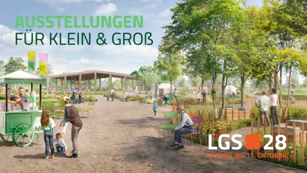 Eine einladende Parklandschaft mit Sitzplätzen und bunten Ständen. Familien und Kinder genießen die Ausstellung im Freien.