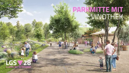 Ein lebendiger Park mit vielen Bäumen und bunten Blumen. Menschen genießen die Freizeit und entspannen um eine Vinothek.
