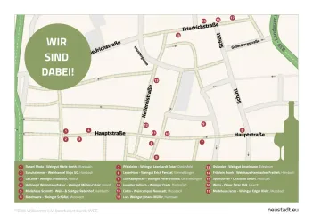Eine Karte der Neustadt mit mehreren markierten Straßen und Standorten. Die Aufschrift "WIR SIND DABEI!" befindet sich in einer runden Grafik.