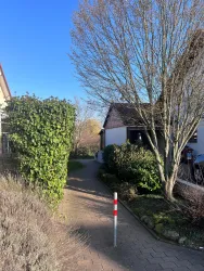 Ein gepflasterter Weg führt entlang von Bäumen und Sträuchern. Herrlicher Sonnenschein und der Himmel ist blau.