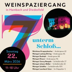Ein Event-Poster für den Weinsparziergang in Hambach und Diedesfeld. Es zeigt den Veranstaltungstermin und die teilnehmenden Weingüter unter einem farbenfrohen Hintergrund.