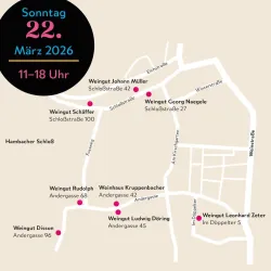 Eine Karte mit Weinorten in der Umgebung. Die Veranstaltung findet am Sonntag, den 22. März 2026, von 11 bis 18 Uhr statt.
