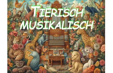 Ein buntes Bild mit vielen Tieren und einem großen Orgel in der Mitte. Die Tiere sind um die Orgel herum angeordnet und wirken fröhlich und lebhaft.