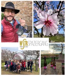 Ein fröhlicher Spaziergang in der Natur mit blühenden Mandelbäumen. Eine Gruppe von Leuten genießt die Zeit im Freien und probiert lokale Weine.