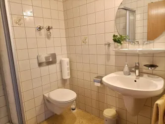 Zimmer 5 verfügt über ein eigenes Duschbad mit WC und Waschbecken.