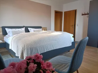 Zimmer 2 ist ein modern eingerichtetes Doppelzimmer im Gästehaus an der Weinstraßenmitte in Neustadt-Diedesfeld – mit Doppelbett, blauen Akzenten, hellem Boden und Balkonzugang.