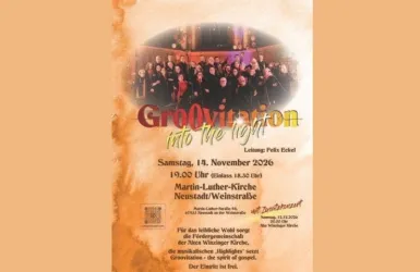 Ein Plakat für ein Konzert mit dem Titel „Gro0ovitation into the light“. Es findet am 14. November 2026 in der Martin-Luther-Kirche statt.