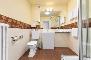 Ein modernes Badezimmer mit braunen Fliesen und gelben Wänden. Es verfügt über eine Dusche, ein Waschbecken und sanitäre Einrichtungen.