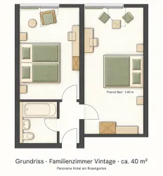 Ein Grundriss eines Familienzimmers im Vintage-Stil mit zwei Schlafbereichen, einem französischen Bett und einem Badezimmer. Die Fläche beträgt etwa 40 m².