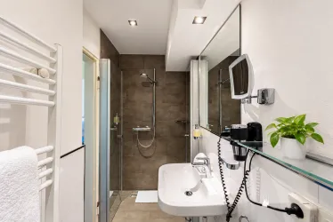Ein modernes Badezimmer mit einer Dusche und einem Waschbecken. Es gibt auch einen Handtuchhalter und eine kleine Pflanze auf dem Regal.