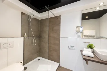 Ein modernes Badezimmer mit einer Glasduschkabine und elegantem Design. Auf dem Waschbecken liegen frische Handtücher und eine kleine Pflanze.