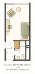 Ein Grundriss eines Standard-Einzelzimmers mit einer Fläche von 19 m². Das Zimmer enthält einen Schlafbereich, ein Bad und eine Sitzecke.