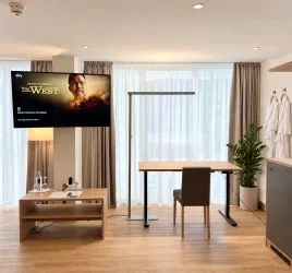Ein modernes Zimmer mit einem Schreibtisch, einem Stuhl und einem Fernseher. Helle Vorhänge lassen viel Licht herein und es gibt eine Pflanze im Raum.