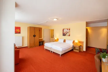 Ein geräumiges Hotelzimmer mit einem Doppelbett und gemütlichen Möbeln. Die Wände sind hell gestrichen und es gibt eine angenehme Beleuchtung.
