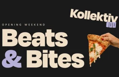 Ein modernes Grafikdesign mit dem Text "Kollektiv 100" und "Beats & Bites". Eine Hand hält ein Stück Pizza, was auf ein kulinarisches Event hinweist.