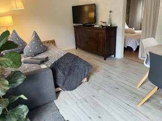 Ein gemütliches Zimmer mit einem ausgezogenem Schlafsofa, einem Fernseher und einem Sideboard. Pflanze und Holzboden verleihen dem Raum eine entspannte Atmosphäre.