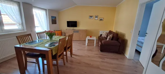 Ein helles Wohnzimmer mit einem Esstisch und Stühlen. Es gibt ein Sofa und einen Fernseher an der Wand. Das Sofa kann zu einer Schlafcouch aufgeklappt werden (Liegefläche 150x200cm).