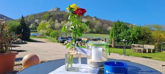 Ein schöner Tisch im Freien mit einer Vase voller Blumen und einer Kerze. Im Hintergrund der Schlossberg und das Hambacher Schloss inmitten einer grüne Landschaft zu sehen.