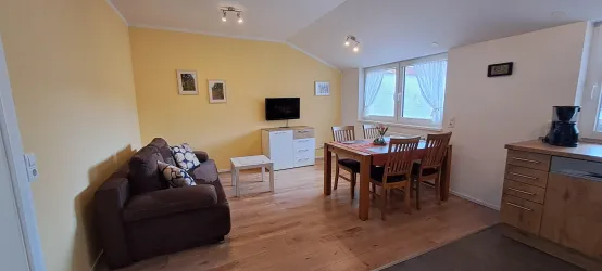 Ein gemütliches Wohnzimmer mit einem Sofa, einem Esstisch und einem Fernseher. Die Wände sind gelb gestrichen und große Fenster sorgen für viel Licht.