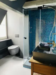 Ein modernes Badezimmer mit einer gläsernen Dusche und blauen Fliesen. Es gibt eine Toilette und eine stilvolle Waschbeckenanordnung.