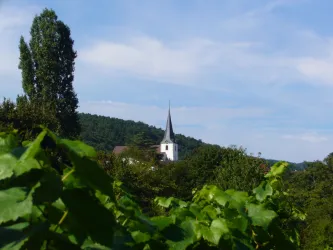 Eine malerische Landschaft mit Weinreben und einer Kirche im Hintergrund. Der Himmel ist klar und blau, umgeben von Bäumen und Hügeln.