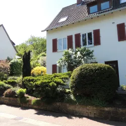 Ein schönes Haus mit roten Fensterläden und einem gepflegten Garten. Die Pflanzen und Sträucher sorgen für eine angenehme Atmosphäre.