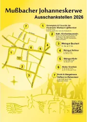 Eine Karte der Mußbacher Johanneskerwe mit verschiedenen Ausschankstellen für 2026. Die Standorte sind nummeriert und deutlich gekennzeichnet.