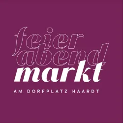 Ein Grafikelement mit dem Schriftzug "Feierabendmarkt am Dorfplatz Haardt" auf lila Hintergrund. Die Schrift kombiniert verschiedene Stile, um Aufmerksamkeit zu erregen.