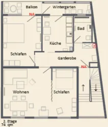 Eine technische Zeichnung eines Wohnraums im zweiten Stock. Der Grundriss zeigt verschiedene Zimmer wie Schlafzimmer, Wohnzimmer und Küche.