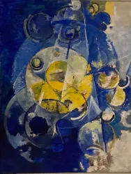 Ein abstraktes Gemälde mit dominierenden Blau- und Gelbtönen. Es zeigt verschiedene geometrische Formen und Kreise, die dynamisch angeordnet sind von Prof. Dr. Delwing.
