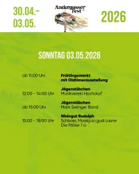 Ein Veranstaltungsplakat für das Andergasser Fest 2026. Es listet Aktivitäten und Zeiten für den Sonntag, den 3. Mai auf.