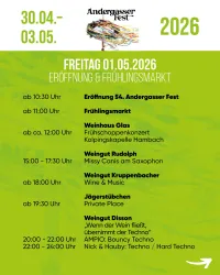 Ein Veranstaltungsplakat für das Andergasser Fest 2026. Es listet verschiedene Aktivitäten und Zeiten für den Freitag, 01. Mai, einschließlich eines Frühlingsmarkts und Live-Musik.