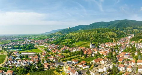 Eine malerische Landschaft mit sanften Hügeln und Weinbergen. Im Vordergrund ist eine idyllische Stadt mit einer Vielzahl von Häusern und einer Kirche sichtbar.