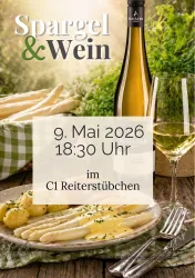 Ein festliches Plakat für eine Veranstaltung mit dem Thema "Spargel & Wein". Es zeigt ein köstliches Spargelgericht, einen Glaskelch mit Weißwein und die Details zur Veranstaltung.