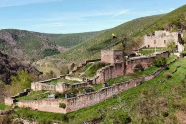 Eine alte Burg auf einem Hügel, umgeben von grünen Wäldern. Der Himmel ist klar und das Gelände ist gut erhalten.